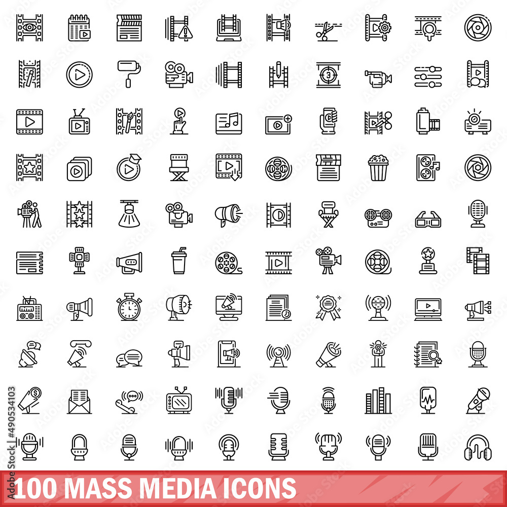 100 mass media icons set. Outline illustration of 100 mass media icons vector set isolated on white background 100 mass media icons set. Outline illustration of 100 mass media icons vector set isolated on white background