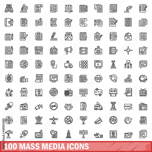 100 mass media icons set. Outline illustration of 100 mass media icons vector set isolated on white background