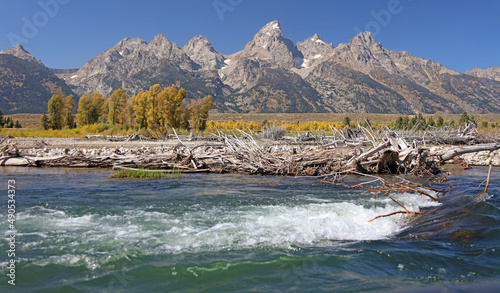 View of the Grand Tetons and autumn colours from the Snake River 