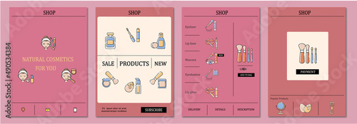 Makeup shop brochure. Online shopping template. Flyer, magazine, poster, book cover, booklet. Store webpage infographic concept. Layout illustration page with icon
