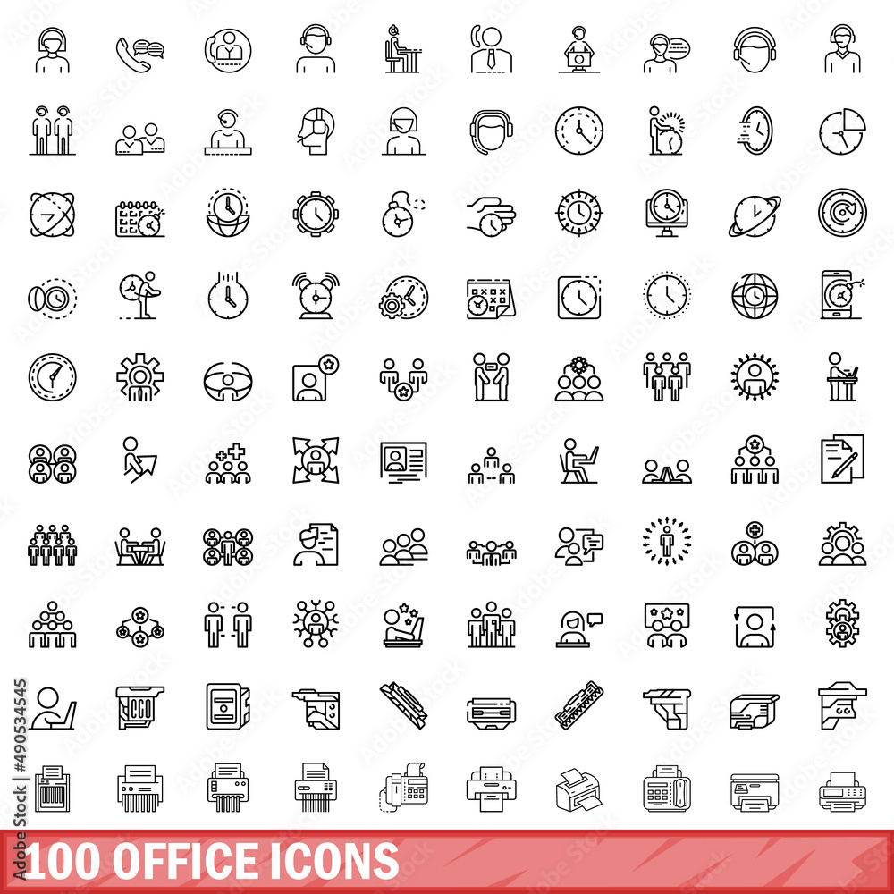 100 office icons set. Outline illustration of 100 office icons vector set isolated on white background