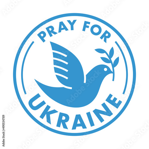 Pray for Ukraine sticker icon. Christian prayer and support for Ukrainian peace symbol with dove sign. Vector illustration.