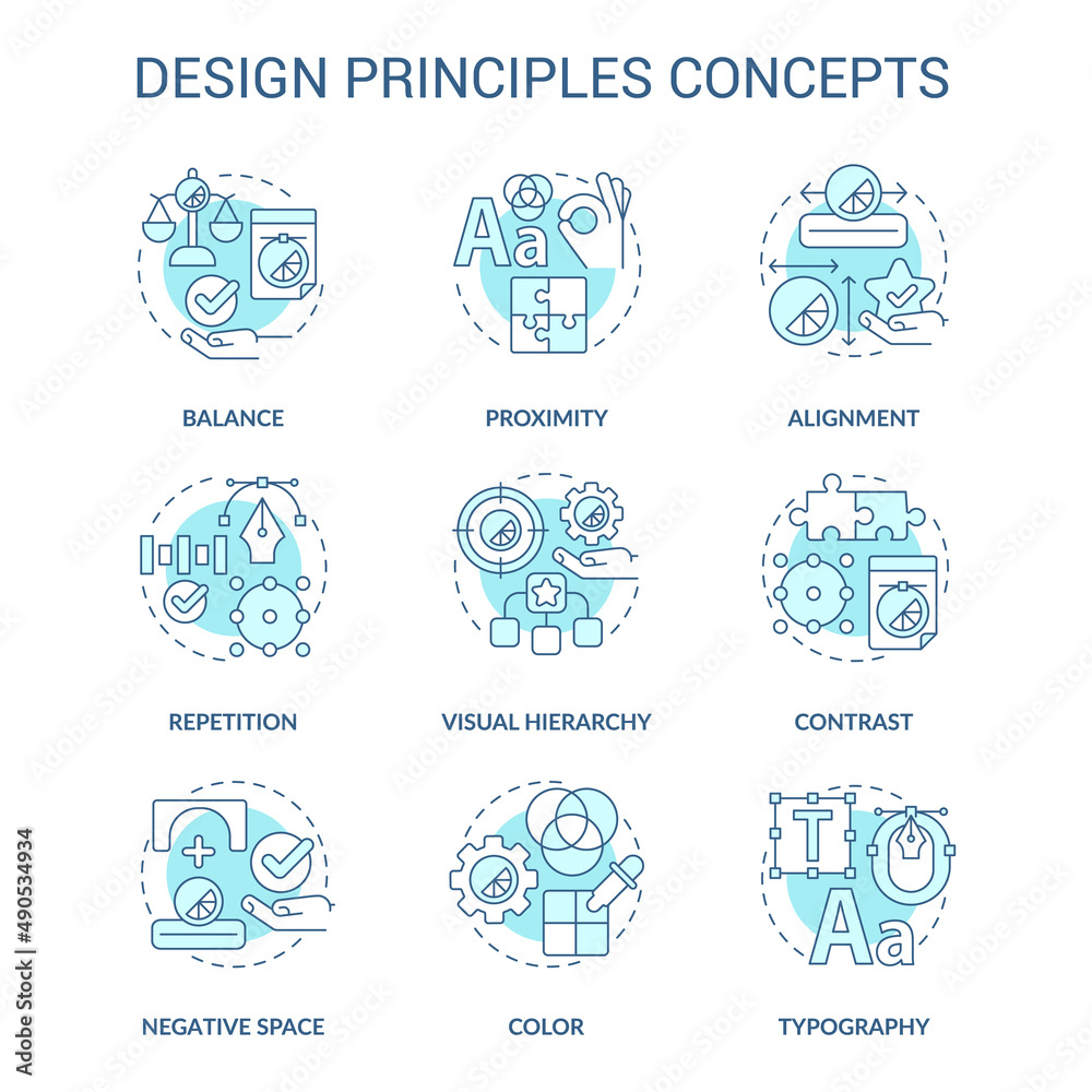Design principles turquoise concept icons set. Art work. Visual content trends idea thin line color illustrations. Isolated symbols. Editable stroke. Roboto-Medium, Myriad Pro-Bold fonts used