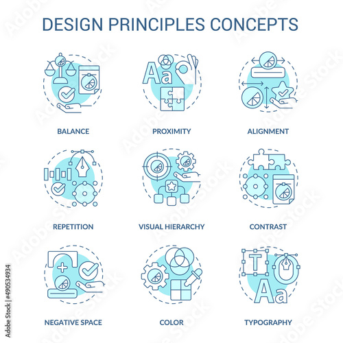 Design principles turquoise concept icons set. Art work. Visual content trends idea thin line color illustrations. Isolated symbols. Editable stroke. Roboto-Medium, Myriad Pro-Bold fonts used
