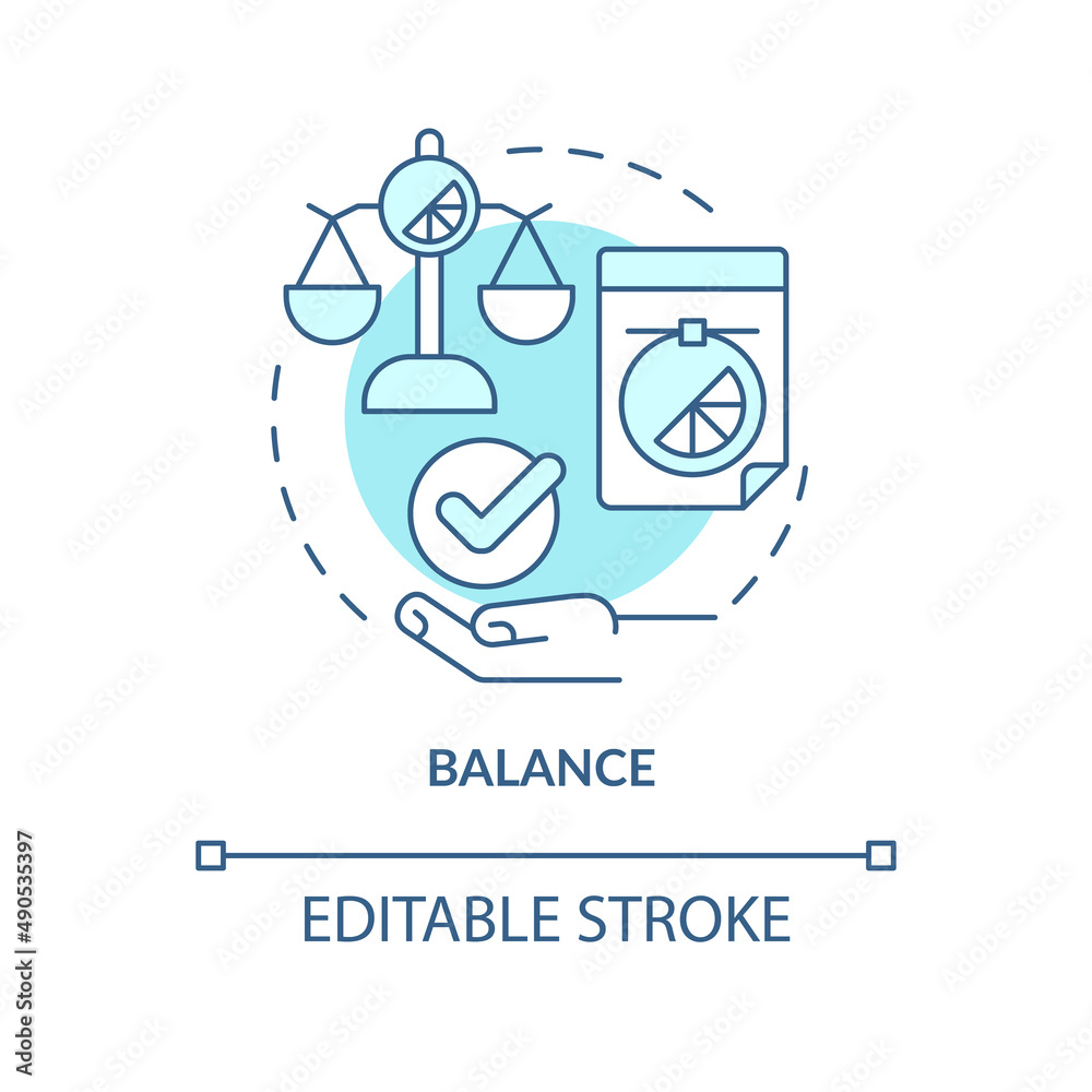 Balance turquoise concept icon. Designer work basics. Graphic design principles abstract idea thin line illustration. Isolated outline drawing. Editable stroke. Arial, Myriad Pro-Bold fonts used
