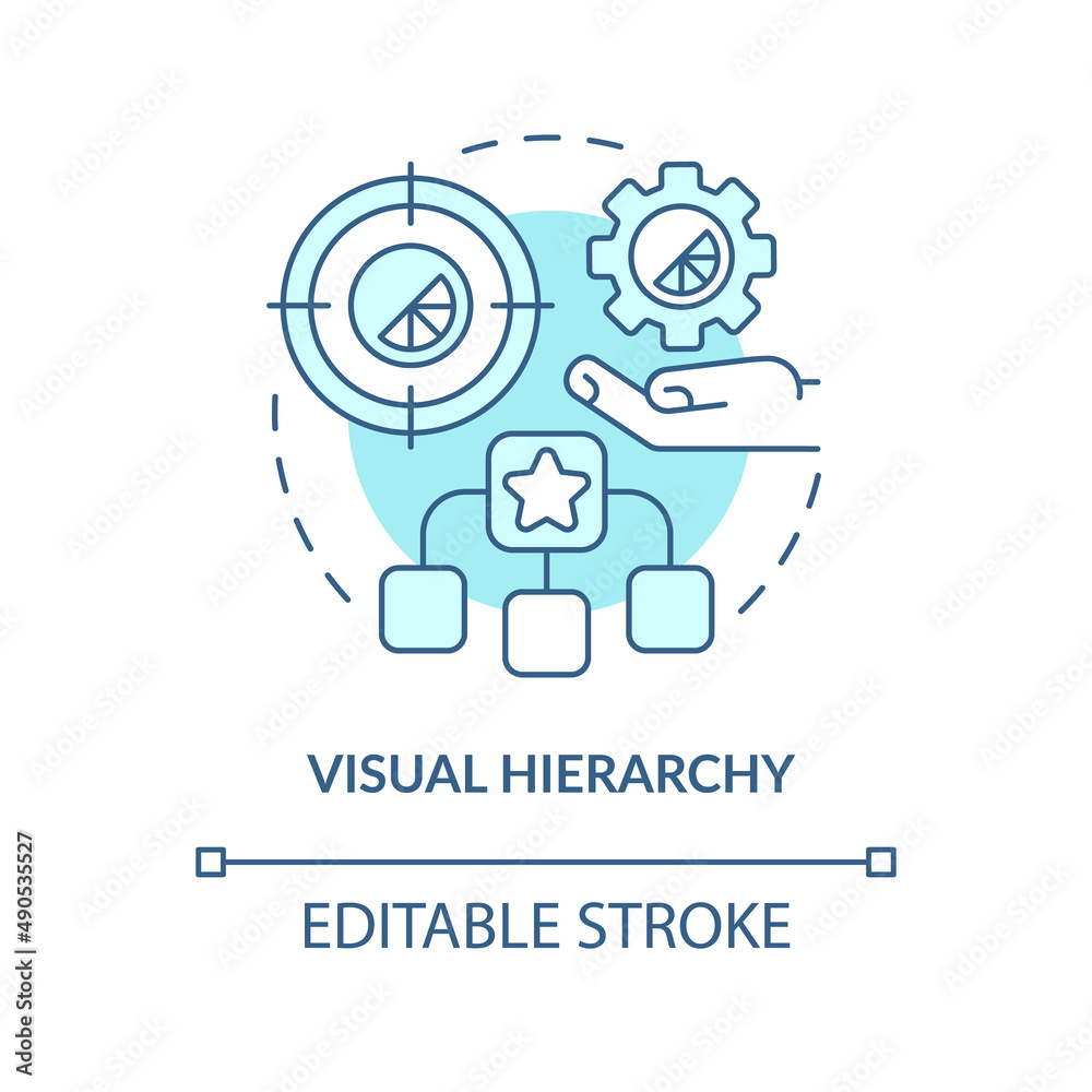 Visual hierarchy turquoise concept icon. Order of parts. Graphic design principles abstract idea thin line illustration. Isolated outline drawing. Editable stroke. Arial, Myriad Pro-Bold fonts used Visual hierarchy turquoise concept icon. Order of parts. Graphic design principles abstract idea thin line illustration. Isolated outline drawing. Editable stroke. Arial, Myriad Pro-Bold fonts used
