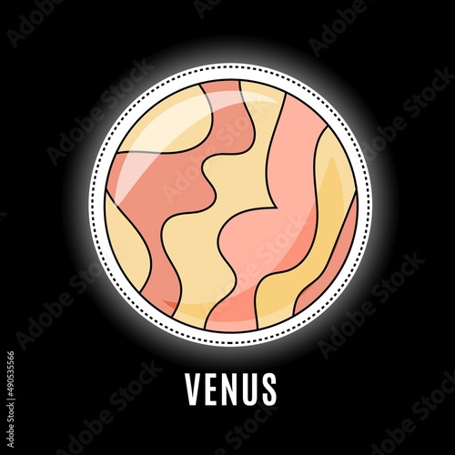 Vector illustration of a cartoon planet sparkling on the black background. Venus illustration