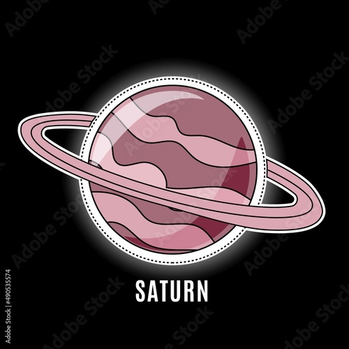 Vector illustration of a cartoon planet sparkling on the black background. Saturn illustration