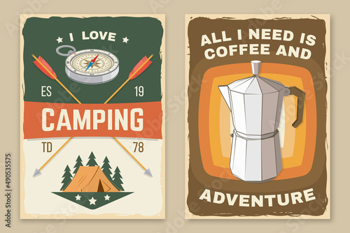 Set of camping retro posters. Vector illustration. Concept for badge, patch, shirt, logo, print, stamp or tee. Design with campfire, mountains, coffee and forest silhouette.