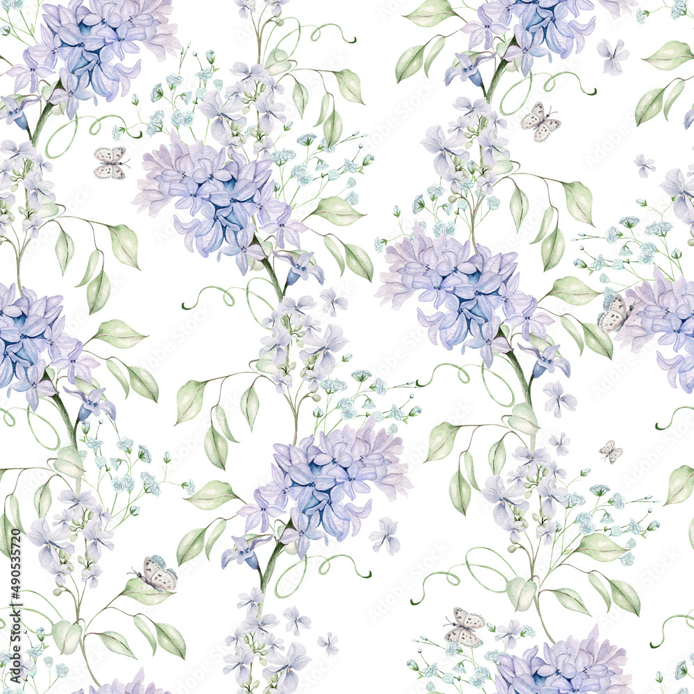 Beautiful tender watercolor seamless pattern with different flowers of hyacinth, tulips, violet. Illustration... Beautiful tender watercolor seamless pattern with different flowers of hyacinth, tulips, violet. Illustration...