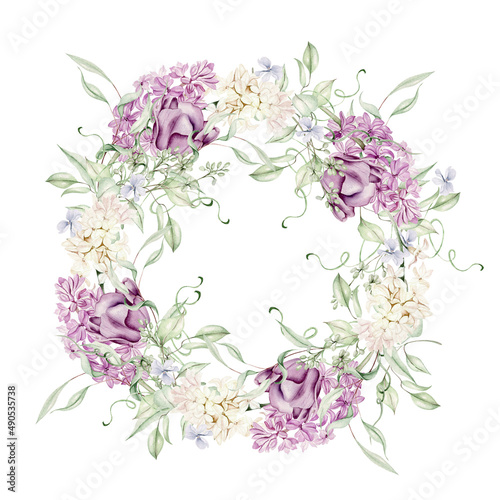 Beautiful tender watercolor wreath with different flowers of hyacinth, tulips, violet. Illustration...