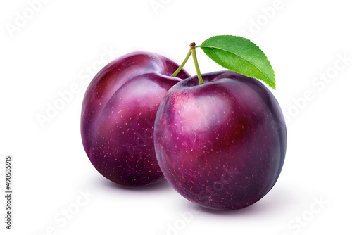 Cuadro en lienzo Pair of purple Plums with leaf isolated on white background.