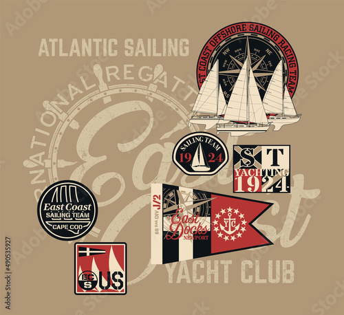 Atlantic Ocean navigation Yacht club Sailing team vintage vector print for boy t shirt with embroidery applique patches
