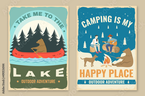 Set of camping retro posters. Vector. Concept for shirt or print, stamp, travel badge. Vintage typography design with camper tent, pot on the fire, axe, mountain, man with guitar silhouette. photo