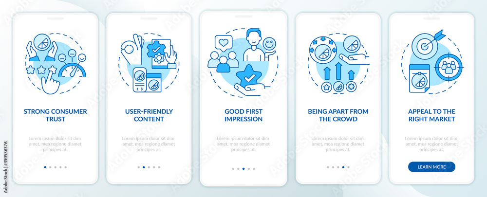 Good design importance blue onboarding mobile app screen. Business style walkthrough 5 steps graphic instructions pages with linear concepts. UI, UX, GUI template. Myriad Pro-Bold, Regular fonts used