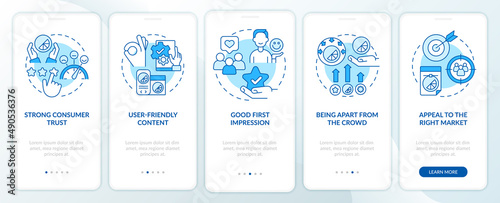 Good design importance blue onboarding mobile app screen. Business style walkthrough 5 steps graphic instructions pages with linear concepts. UI, UX, GUI template. Myriad Pro-Bold, Regular fonts used