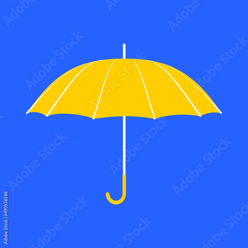 Yellow umbrella with a long handle on a blue background. Accessory for bad wet weather in the rainy and snowy season. Umbrella silhouette icon for apps, sites. Vector.