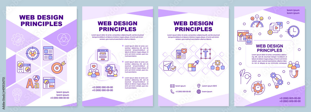 Web design principles purple brochure template. Art work. Leaflet design with linear icons. 4 vector layouts for presentation, annual reports. Arial-Black, Myriad Pro-Regular fonts used