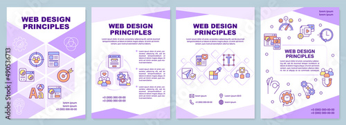 Web design principles purple brochure template. Art work. Leaflet design with linear icons. 4 vector layouts for presentation, annual reports. Arial-Black, Myriad Pro-Regular fonts used