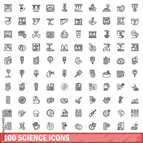 100 science icons set. Outline illustration of 100 science icons vector set isolated on white background