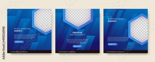 Digital marketing agency social media post template design. Modern blue corporate banner, poster flyer with abstract geometric background. Online or web business promotion banner with company logo.
