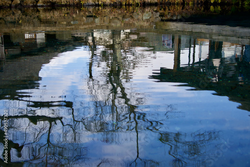 The ripple of pond and reflection of tree at Wakuike pond. photo