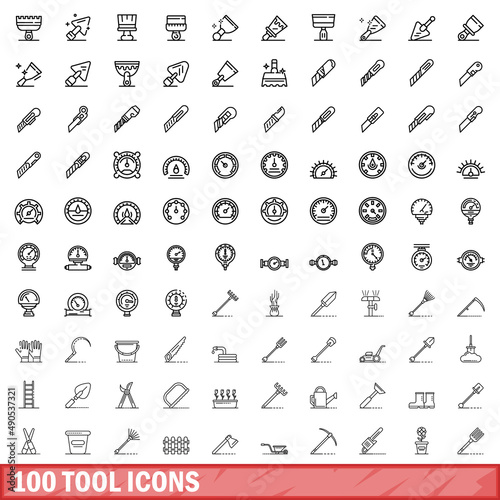 100 tool icons set. Outline illustration of 100 tool icons vector set isolated on white background