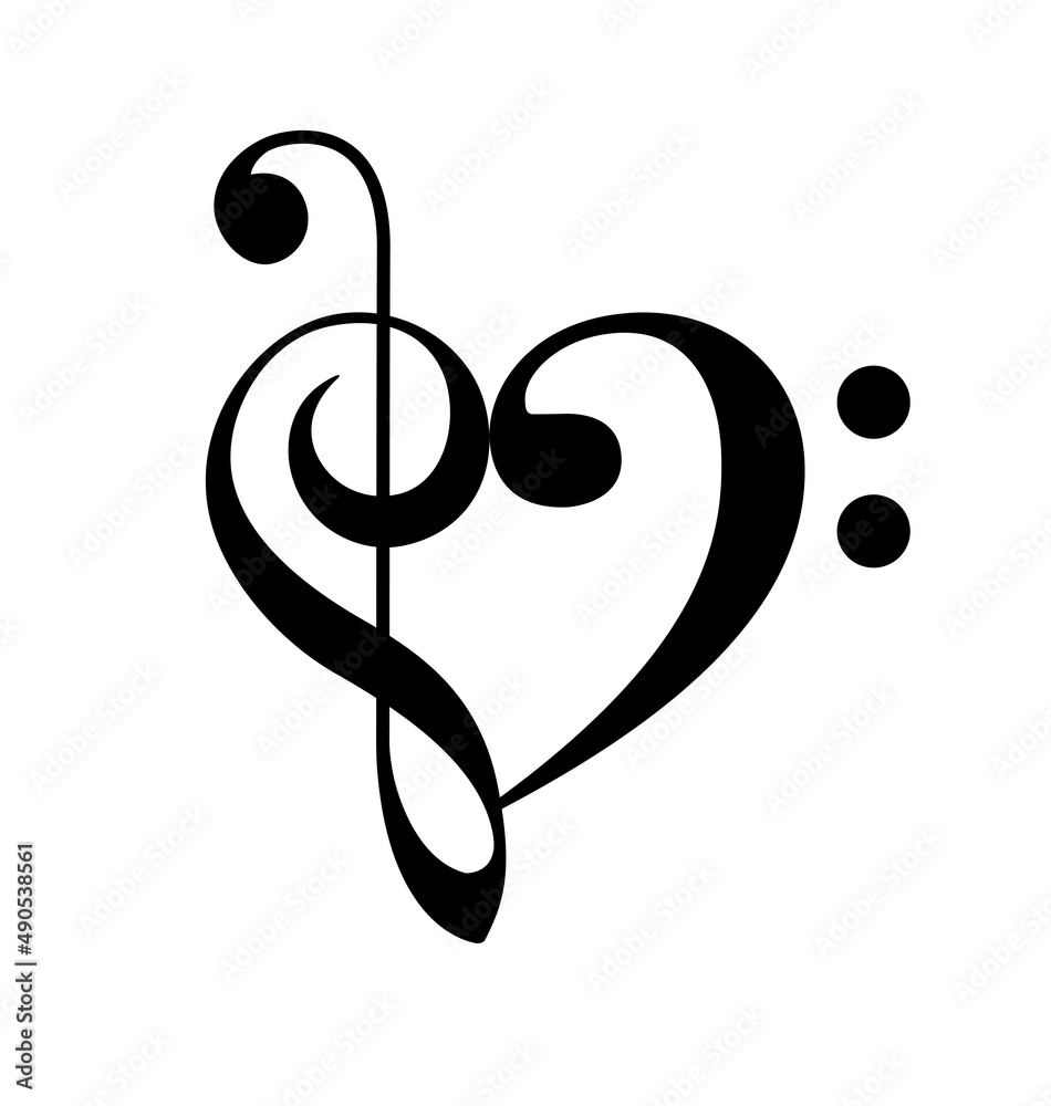 love heart music treble and bass clefs - obrazy, fototapety, plakaty 