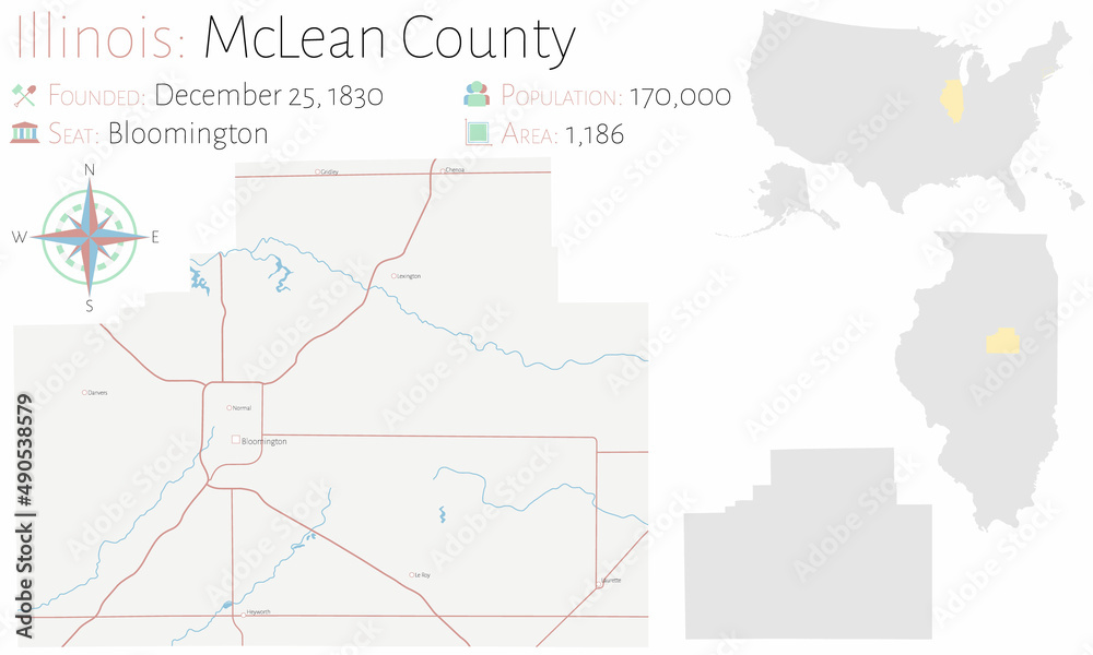 Large and detailed map of McLean county in Illinois, USA.