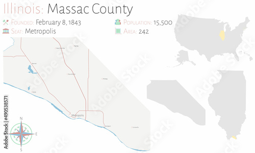 Large and detailed map of Massac county in Illinois, USA. photo