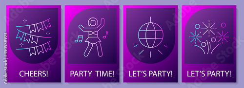 Having fun at party postcards with linear glyph icon set. Greeting card with decorative vector design. Simple style poster with creative lineart illustration. Flyer with holiday wish