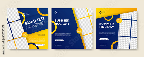 Set of travel sale social media post template. Web banner, flyer or poster for travelling agency business offer promotion. Holiday and tour advertisement banner design.