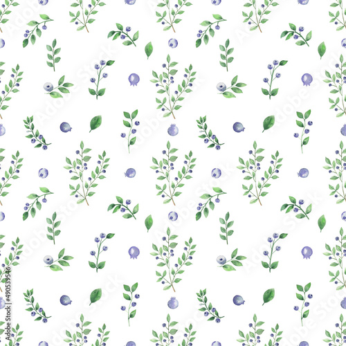 Watercolor seamless floral blueberry forest pattern 