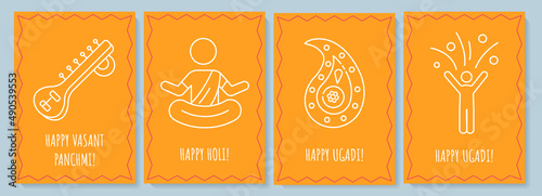 Celebrating indian holidays postcards with linear glyph icon set. Greeting card with decorative vector design. Simple style poster with creative lineart illustration. Flyer with holiday wish
