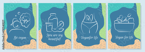 Vegan dieting postcards with linear glyph icon set. Veganism. Greeting card with decorative vector design. Simple style poster with creative lineart illustration. Flyer with holiday wish