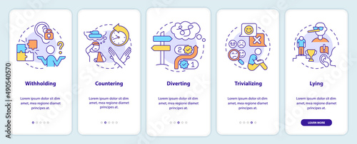 Gaslighting signs onboarding mobile app screen. Diverting and lying walkthrough 5 steps graphic instructions pages with linear concepts. UI, UX, GUI template. Myriad Pro-Bold, Regular fonts used