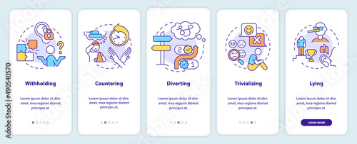 Gaslighting signs onboarding mobile app screen. Diverting and lying walkthrough 5 steps graphic instructions pages with linear concepts. UI, UX, GUI template. Myriad Pro-Bold, Regular fonts used photo