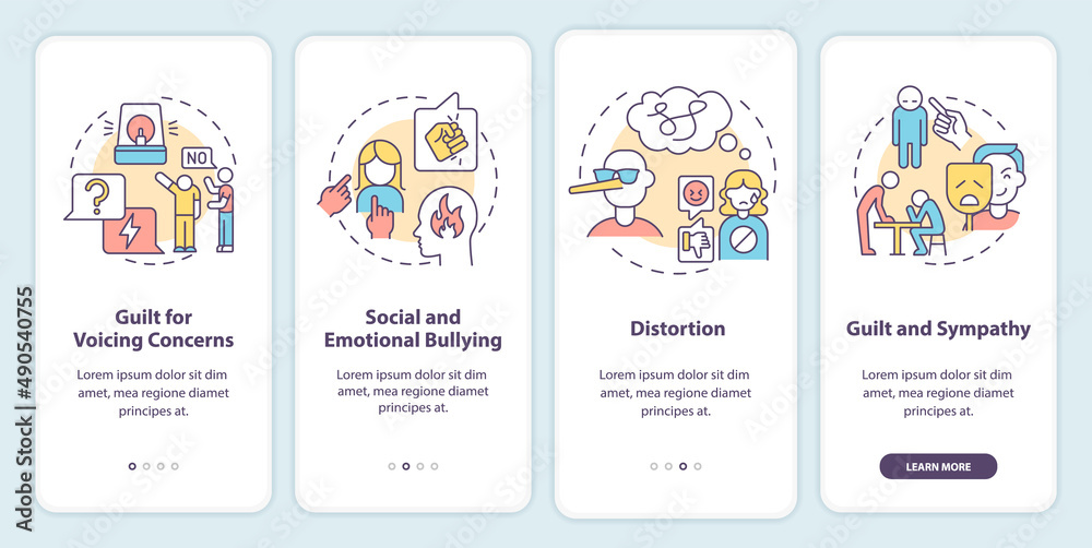 Signs of emotional manipulation onboarding mobile app screen. Walkthrough 4 steps graphic instructions pages with linear concepts. UI, UX, GUI template. Myriad Pro-Bold, Regular fonts used
