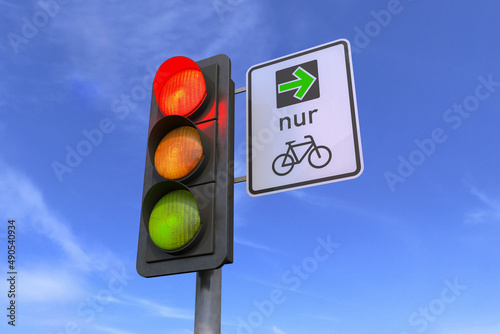 3d Illustration - Verkehrsampel - Ampel - Rot - grüner Pfeil für Radverkehr - Himmel - Wolken photo