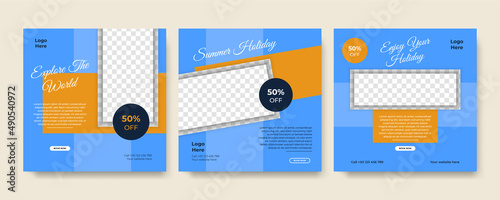 Set of travel sale social media post template. Web banner, flyer or poster for travelling agency business offer promotion. Holiday and tour advertisement banner design.