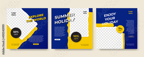 Set of travel sale social media post template. Web banner, flyer or poster for travelling agency business offer promotion. Holiday and tour advertisement banner design.