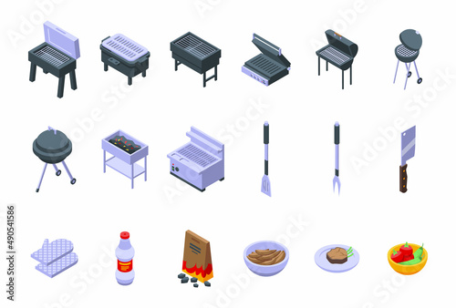 Grill icons set isometric vector. Round cooking. Food equipment