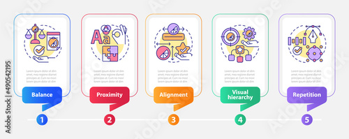 Graphic design principles rectangle infographic template. Art work. Data visualization with 5 steps. Process timeline info chart. Workflow layout with line icons. Myriad Pro-Bold, Regular fonts used
