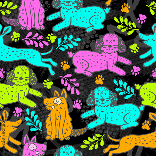 Seamless neon pattern with funny dogs in vector. Background with cute domestic dogs in scandinavian style. Template for baby clothes, fabric, wrapping paper.