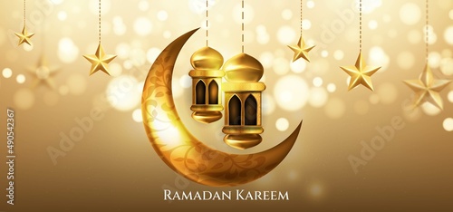 Ramadan kareem islamic greeting with crescent moon , lantern and star 