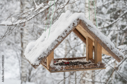 Snow covered wooden bird feeder hanging in the winter forest