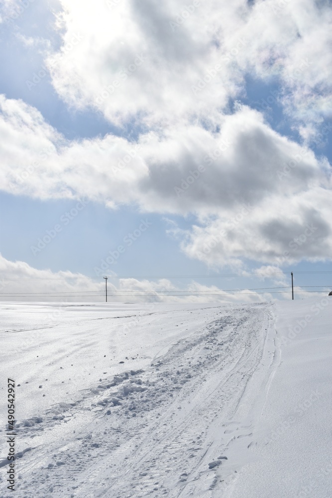 A snowmobile trail under a cloudy sky, Sainte-Apolline, Québec, Canada A snowmobile trail under a cloudy sky, Sainte-Apolline, Québec, Canada