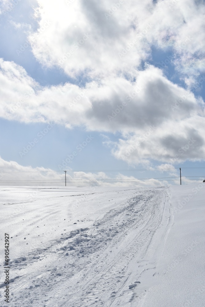 A snowmobile trail under a cloudy sky, Sainte-Apolline, Québec, Canada