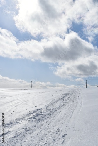 A snowmobile trail under a cloudy sky, Sainte-Apolline, Québec, Canada