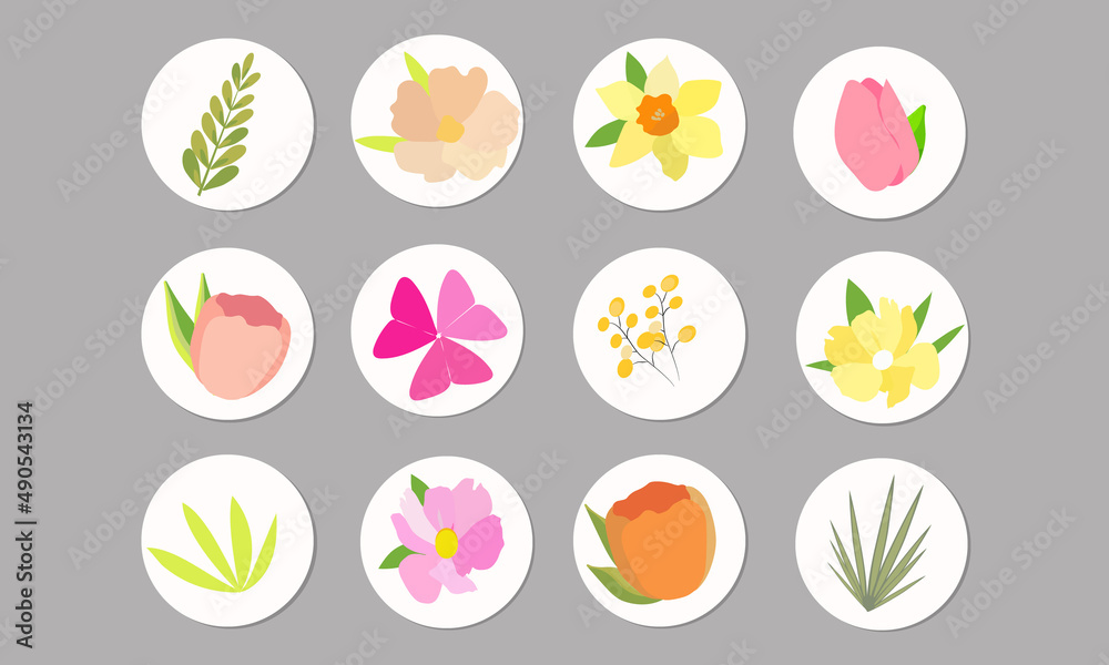 Set of icons for social networks in pastel colors with flowers.Modern design. Set of icons for social networks in pastel colors with flowers.Modern design.